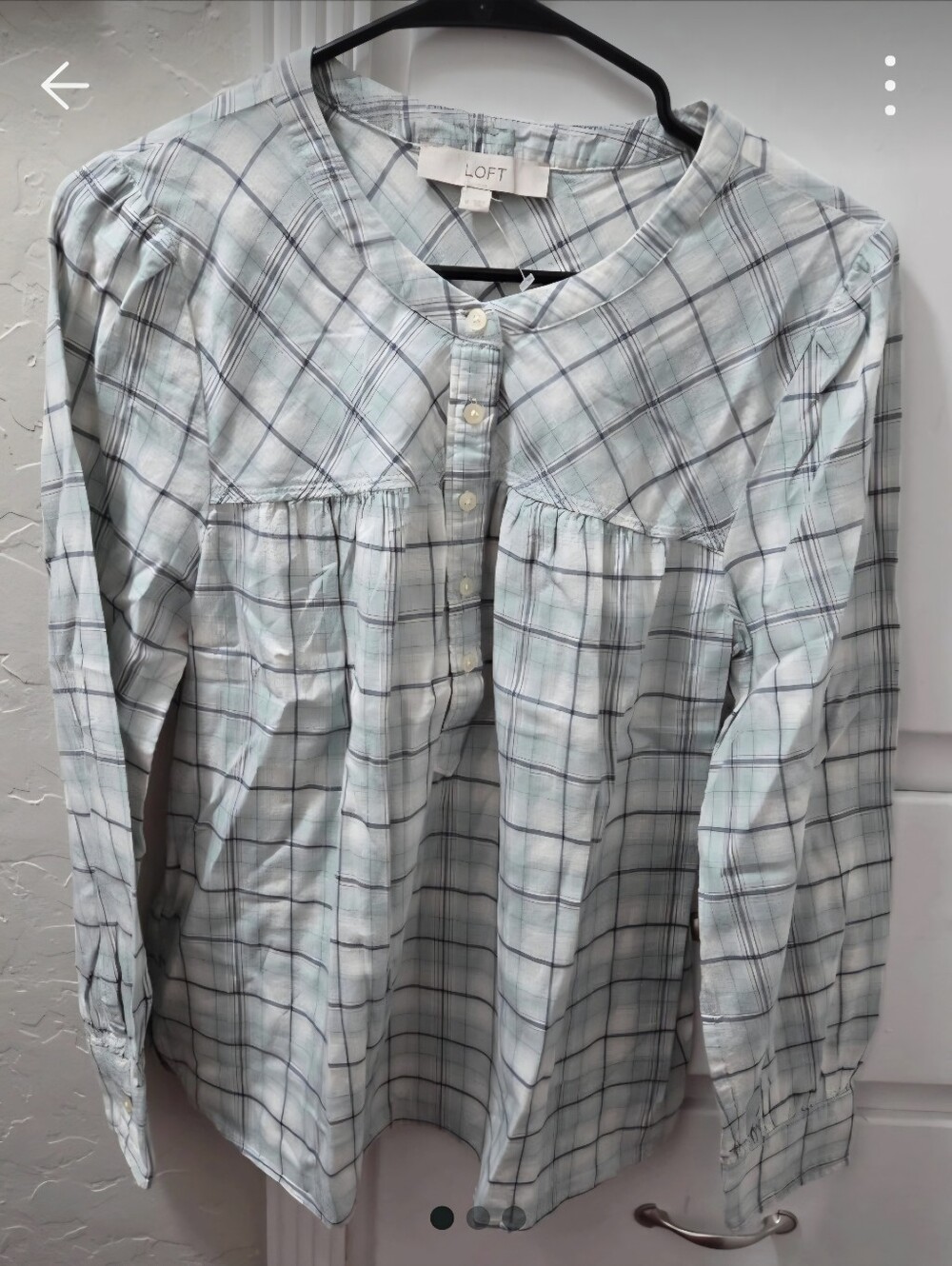 LOFT Light Blue and White Plaid Henley Blouse
